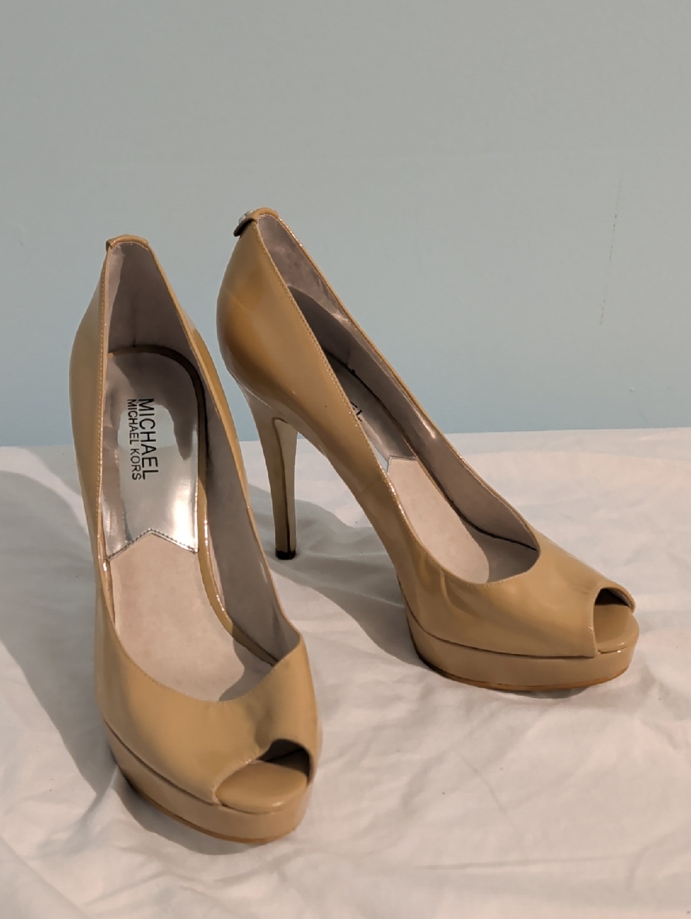Michael Kors Tan Peep-Toe Platform Stiletto Pumps